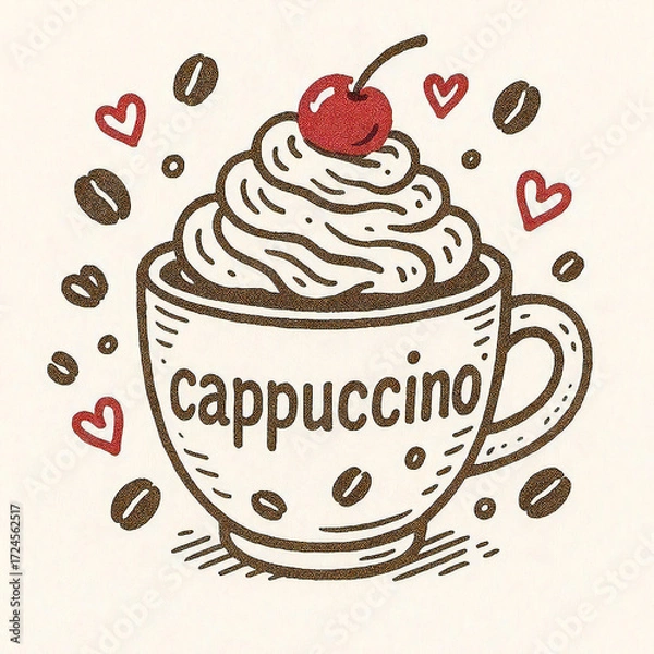 Obraz ホイップクリームとチェリーをトッピングしたカプチーノのかわいいカフェイラスト。コーヒー豆やハートの装飾が散りばめられたベクターアート