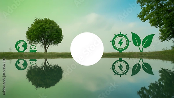 Obraz Reflections of nature and sustainability symbols on a calm lake with tree and green icons