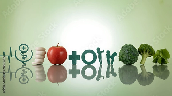 Obraz Symbols of health and wellness including pills, apple, broccoli, medical icons, and human figures on a reflective surface