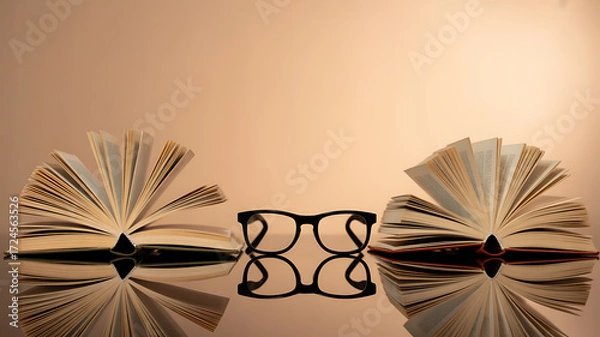 Obraz Open books and eyeglasses on reflective surface with warm lighting