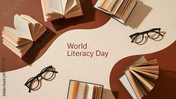 Obraz World Literacy Day celebration with open books and reading glasses arranged on a warm-toned background