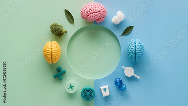 Obraz Colorful brain models and cognitive symbols arranged in a circle on a gradient background