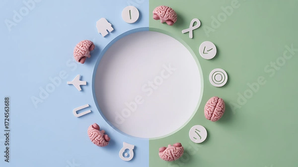 Obraz Circular arrangement of brain models and medical symbols on a split blue-green background