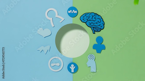 Obraz Circular arrangement of human biology and psychology symbols on a split blue-green background