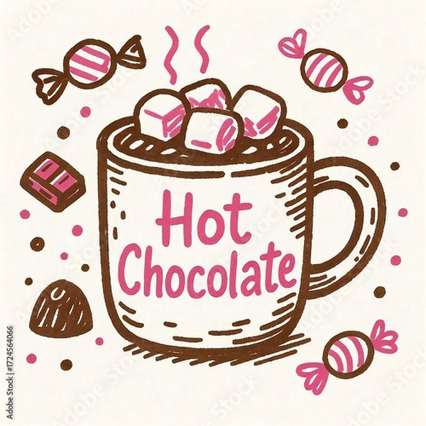 Obraz マシュマロをトッピングしたホットチョコレートのかわいいカフェイラスト。チョコレートやキャンディーの装飾が散りばめられたベクターアート