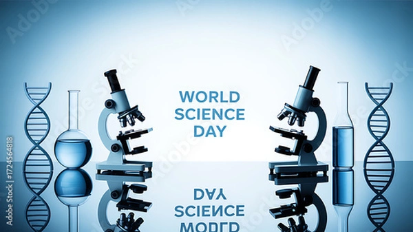 Obraz World Science Day illustration featuring microscopes, DNA helixes, and laboratory glassware on a reflective surface