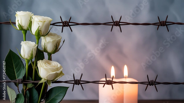 Obraz White roses and lit candles behind barbed wire, symbolizing remembrance or mourning