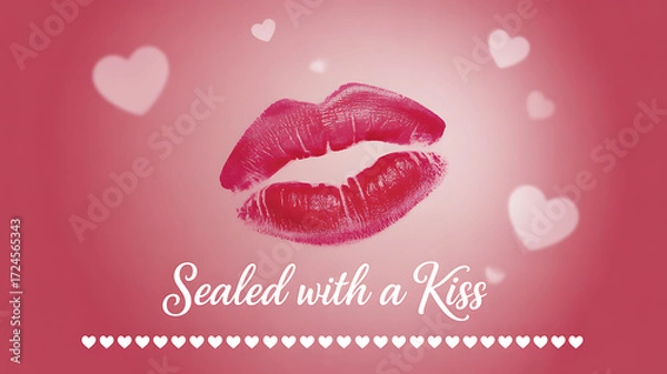 Obraz A red lipstick kiss mark on a pink background with hearts and the text 'Sealed with a Kiss'