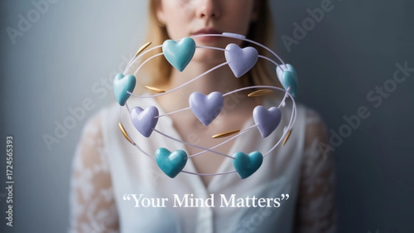 Obraz A person holding a circular arrangement of heart-shaped objects with the text 'Your Mind Matters' displayed.