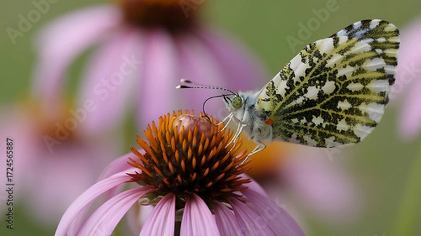 Obraz A checkered white butterfly perches on a purple coneflower, feeding on its nectar.