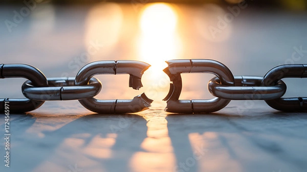 Obraz Broken metal chain link with sunlight glowing through the gap on a reflective surface