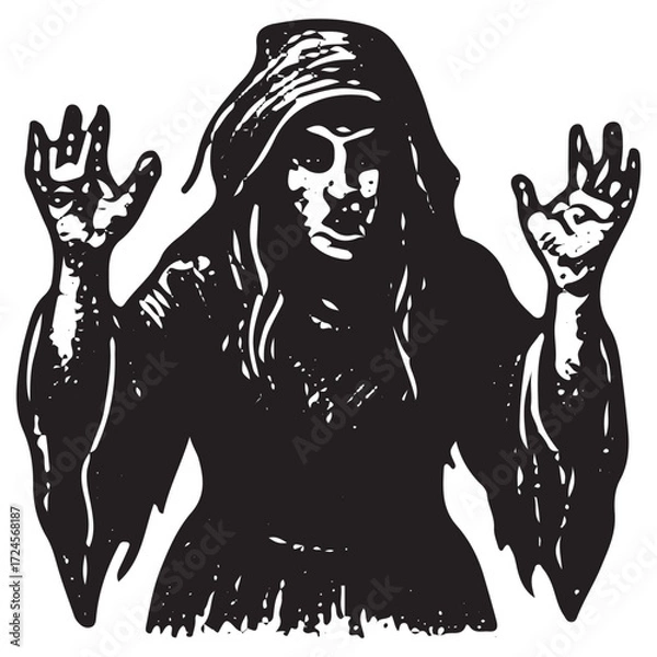 Fototapeta Witch Raising Hands for Ritual, Cosmic Power Symbol, Mystical Engraving Art