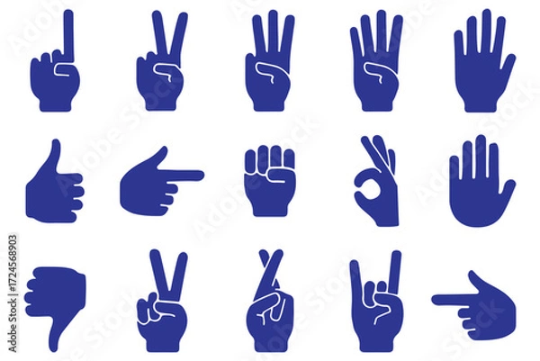 Fototapeta Hand gesture icons set counting from one to five. Black silhouette collection of finger signs.. Collection of hand gestures, icons, symbols, and signs in various minimalist graphic styles. eps 10