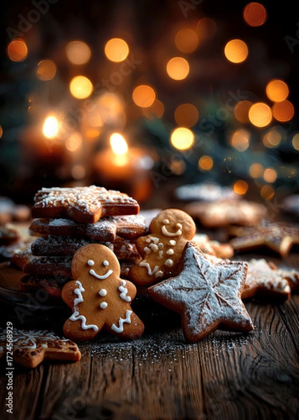 Fototapeta Warm candlelight illuminates a cozy scene filled with gingerbread cookies shaped like stars and cheerful figures. Perfect setting for holiday gatherings and sweet moments.