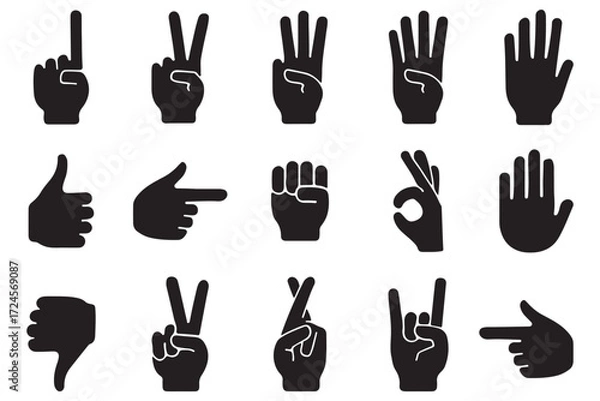 Fototapeta Hand gesture icons set counting from one to five. Black silhouette collection of finger signs.. Collection of hand gestures, icons, symbols, and signs in various minimalist graphic styles. eps 10