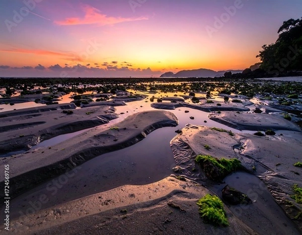 Fototapeta Sunrise over a tranquil beach at low tide