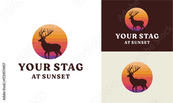 Fototapeta Wild animal silhouette logo vector design of deer standing with sunset background