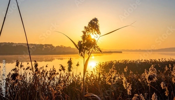 Fototapeta Sunrise over a tranquil lake, reeds in the foreground