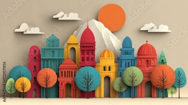 Fototapeta Colorful Abstract Cityscape Illustration with Geometric Buildings and Mountains