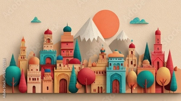 Fototapeta Colorful Abstract Cityscape Illustration with Geometric Buildings and Mountains