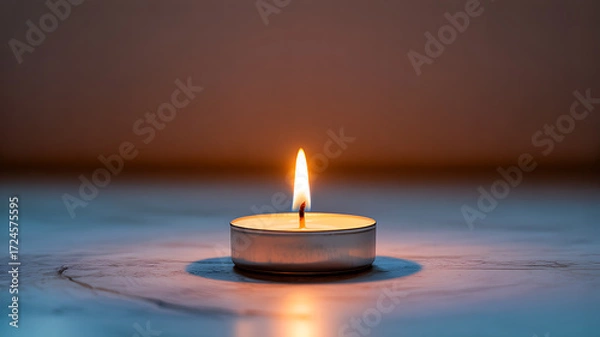 Obraz A single lit tea candle glowing softly on a smooth surface in a dimly lit environment