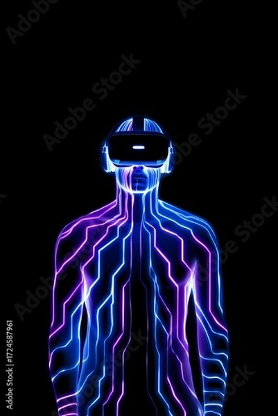 Obraz A futuristic poster design of a cybernetic man in a VR helmet. His body is a complex network of glowing blue and purple lines, symbolizing the metaverse.