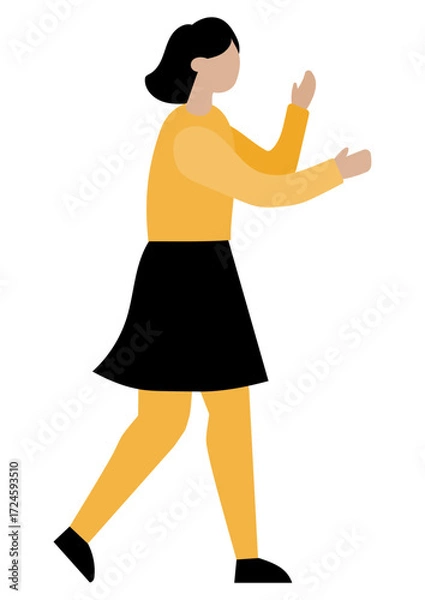 Fototapeta Stylized illustration of a woman walking with hands raised. Modern flat design character for business, education, communication, and web content.