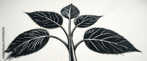 Obraz Graphic Ashwagandha Print  Low Perspective Image, Linocut Style on White, Emphasizing Boldness and Simplicity.