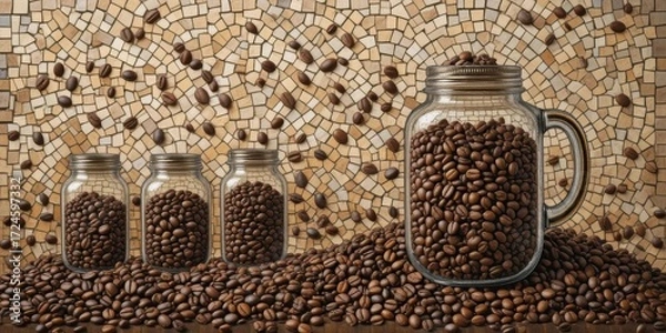 Obraz An abstract art piece using coffee beans to create mosaic with a Jar of coffee beans as focus