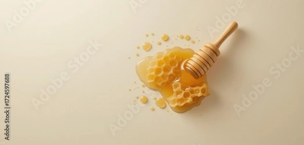 Obraz Minimal Wallpaper  Honey Dipper and Honeycomb on a Clean Background