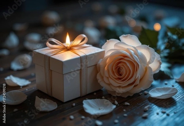 Obraz Enchanting Evening  Candlelight Glows on Cream Box   Rose   Shadowy Petals Add Mysterious Touch, Secrecy   Quiet Moments