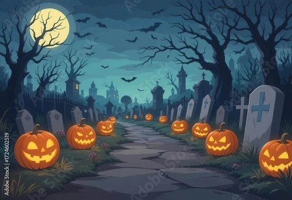 Obraz Clean Vector Art Depicts a Spooky Halloween Graveyard Scene with Illuminated Jack o  Lanterns Lining the Path