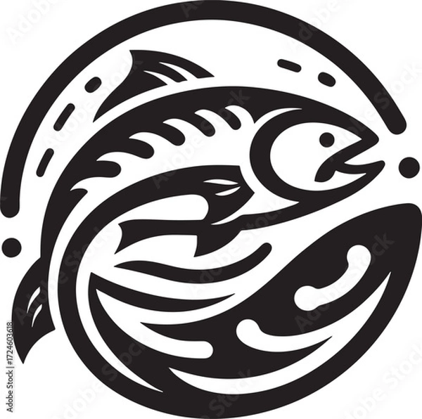 Fototapeta Illustration of a salmon fish on a background of the sea waves