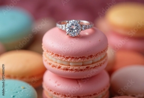 Obraz Sweet Indulgence  A Smiling Diamond Engagement Ring Paired with a Tower of Macarons