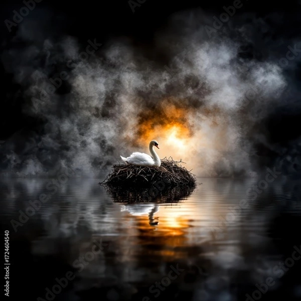 Fototapeta Swan in a Stormy Nest.