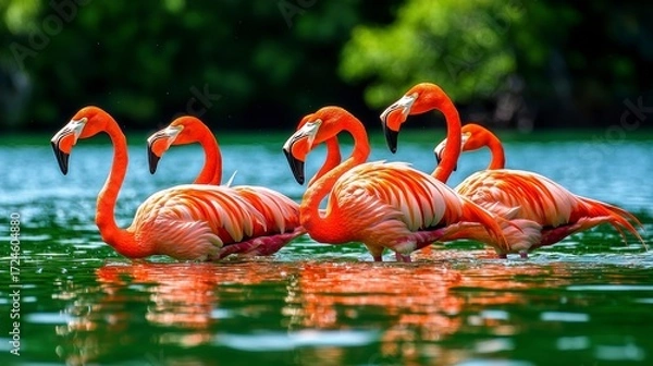 Fototapeta Four Flamingos in a Calm Green Lagoon