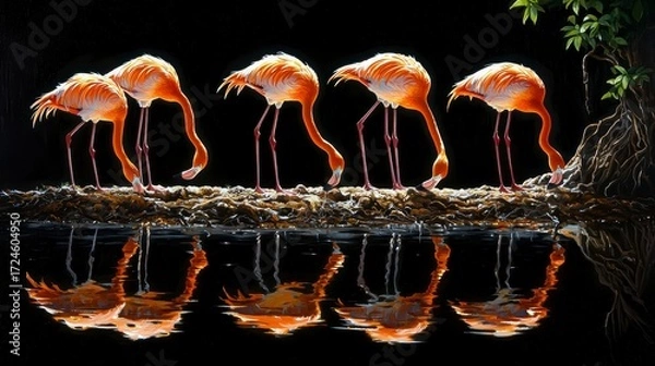 Fototapeta Five Flamingos at Water's Edge.