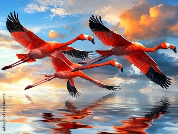 Fototapeta Flamingos in Flight at Sunset.