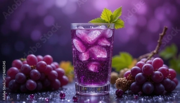 Obraz Amethyst Dream  Captivating Grape Juice Still Life, Shimmering Drops, Luxurious Dark Setting, Shallow Depth, High Resolution