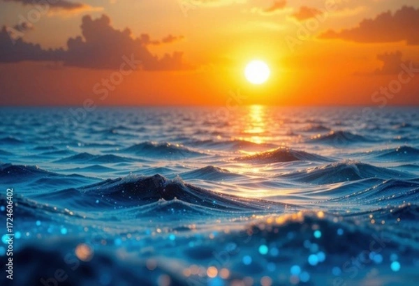 Obraz A Glittering Ocean View at Sunset, Blending Azure Waters with Fiery Sky in an Abstract Representation