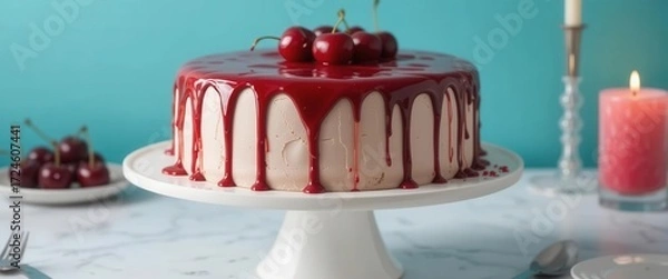 Obraz Geometric Cake Stand, Glossy Cherry Glaze, and a Minimalist Candle on a Teal Backdrop