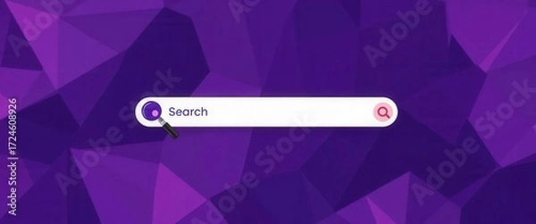 Obraz A stylized search bar with a polygonal magnifying glass icon on an abstract geometric purple background.