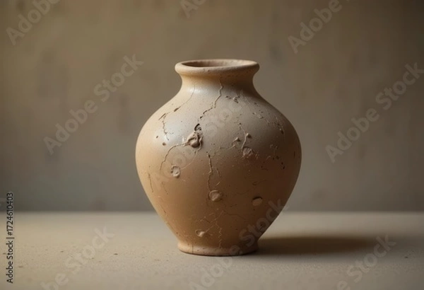 Obraz Unfired Clay Vessel  Hand Formed Pottery, Imperfect Shape, Warm Sepia Tones, Studio Setting