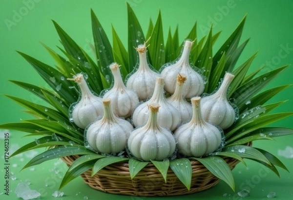 Obraz Frozen Garlic  Garlic Cloves Encased in Ice, Frosty Textures, Blue and White Tones, Wintery Scene