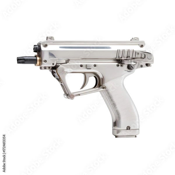 Fototapeta Action-packed scene featuring a silver handgun studio setting product photography sleek environment close-up view firearm concept