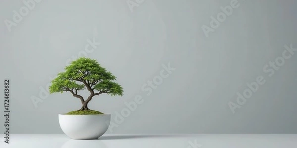 Obraz Clean Minimalist Green Bonsai Tree in a White Concrete Pot with a Solid Light Gray Background