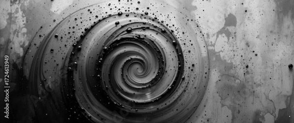 Obraz Dramatic Grayscale Water Droplets Create Circular Swirls, Perfectly Contrasted Against a Raw Textured Concrete Background.
