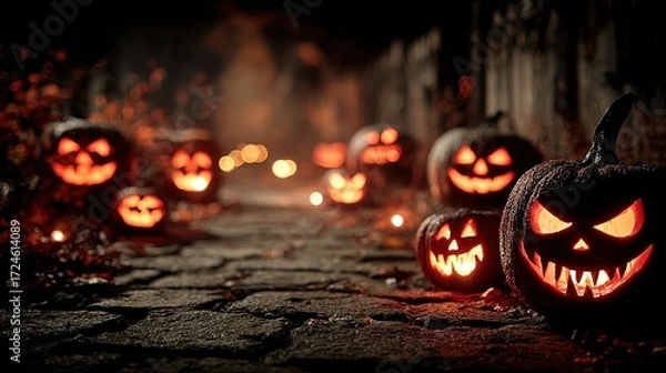 Fototapeta Carved pumpkins with spooky faces illuminate a dark stone path in autumn.