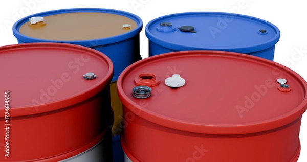 Fototapeta 3D rendering of red, blue, and yellow industrial barrels on a pallet, top view, representing oil drums and chemical storage containers.