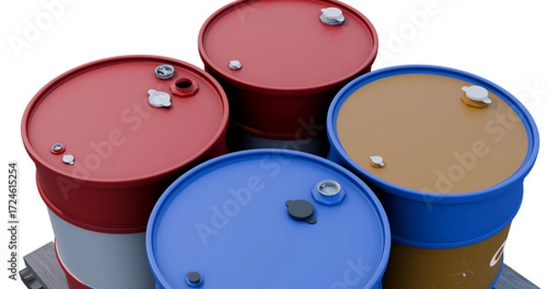 Fototapeta 3D rendering of red, blue, and yellow industrial barrels on a pallet, top view, representing oil drums and chemical storage containers.